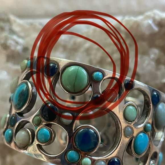 Vintage Sterling Silver Chunky Cuff Moon Cut Outs Various Stones - Picture 9 of 9